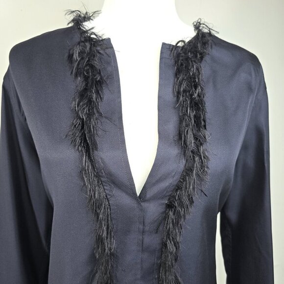 Helmut Lang Black Navy Twill Fringe Feather Silk Long Sleeve Blouse - Picture 3 of 11